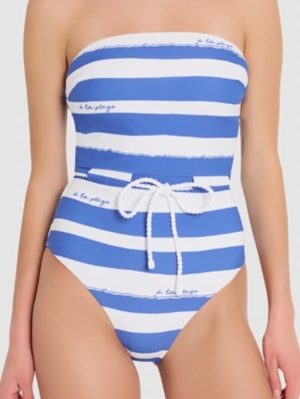 Milly A La plage Belted One Piece Strapless Blue & White Swimsuit with Rope Tie